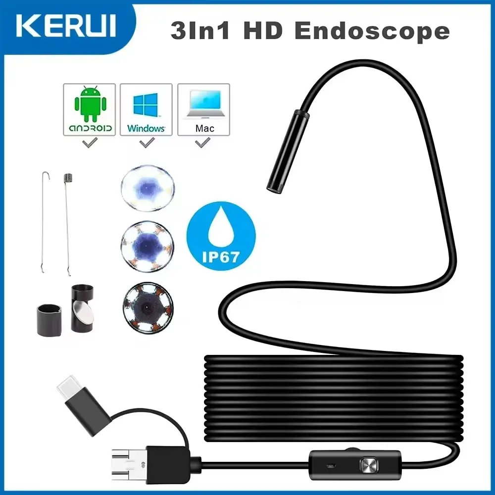 7MM 3 in 1 Micro USB Type C Borescope Camera, Waterproof LED Peep Hole Camera, Android Endoscope for Android Phones, HUAWEI/XIAOMI Devices & PC Car Inspection