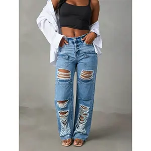 Women's High-Waisted Ripped Cargo Carrot Jeans - Slim Fit Distressed Stretchy Denim Pants, Casual Basic Everyday Bottoms with Versatile Fabric for Streetstyle & Work Wear, Pairable with Crop Tops & Blouses