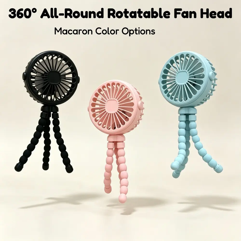 1pc 360° Rotatable Octopus Fan, USB Rechargeable Handheld Portable Fan with Flexible Tripod Stand, Soft Grip Handle, 3-Speed Quiet Fan for Stroller, Desk, Camping, Car Headrest