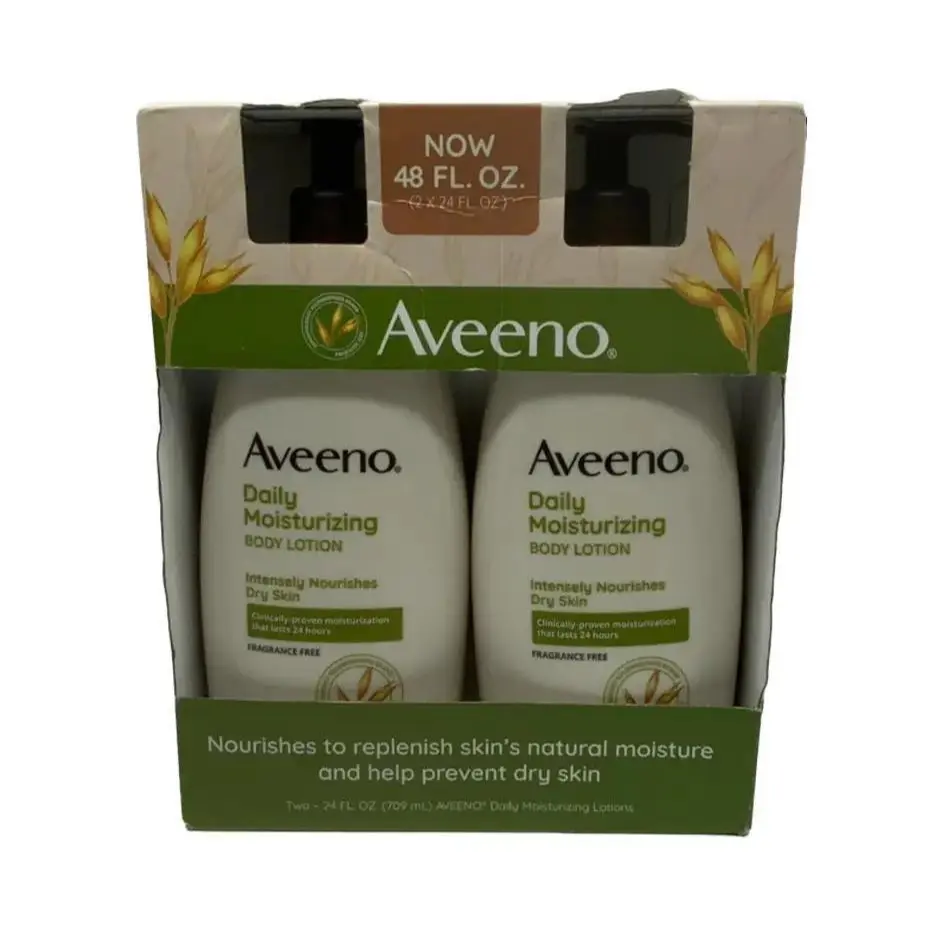 Aveeno Daily Moisturizing Body Lotion with Prebiotic Oat, 24-Hour Moisturizer for Dry & Sensitive Skin, Fragrance Free - 48 fl oz, 2 Pack, 2 Bottles, Oat Extract, Two Packs