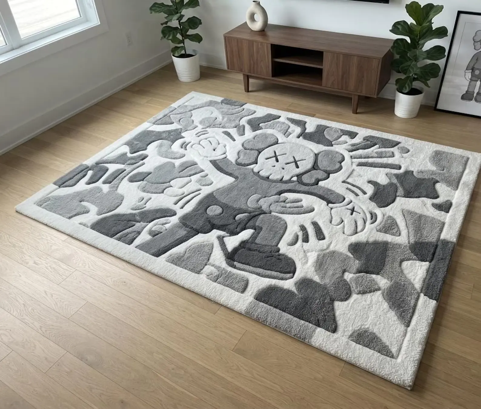 Grey KAWS-Inspired Hand-Tufted Area Rug, Pop Art High-Low Pile Carpet, Hypebeast Home Decor