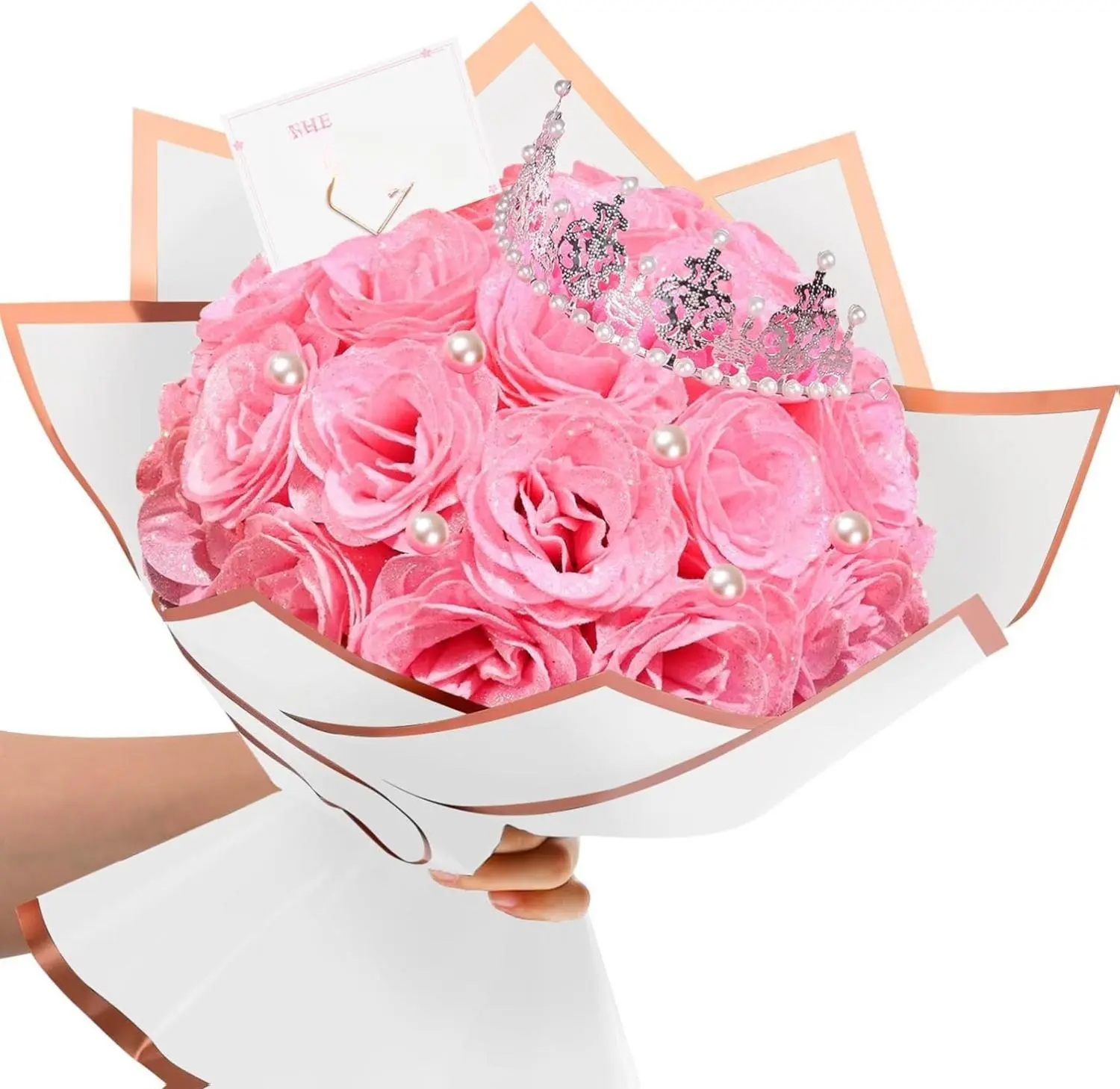 Glitter Roses Bouquet Pink Roses Artificial Flowers with Wrapping Paper Crowns Cards for Mother's Day Graduation Anniversary Engagement Wedding