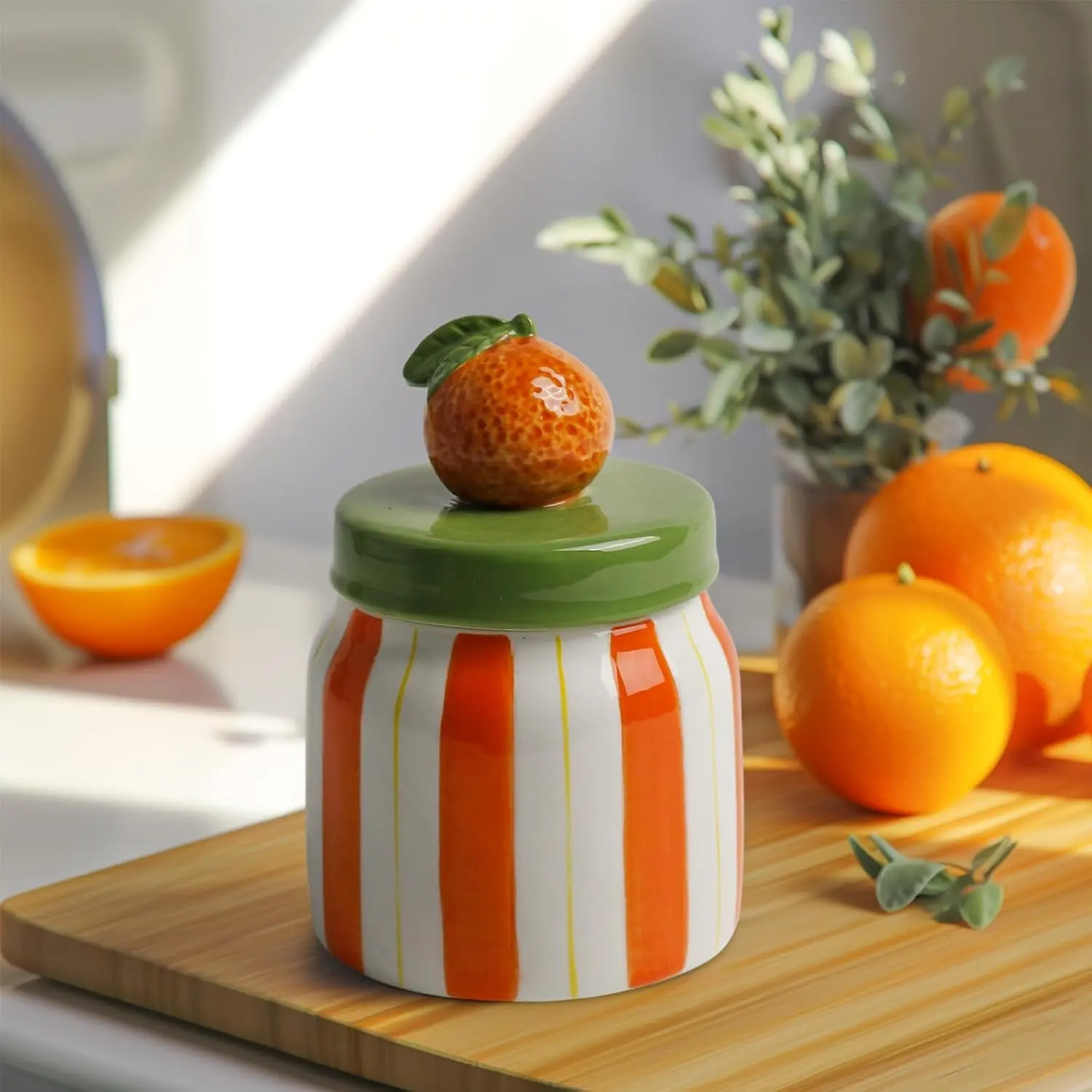 Airtight Seal Thick Orange Hand-Painted Ceramic Cookie Jar Container with Lid - 13.4oz, 3.9x5.3in Wide Mouth Storage for Coffee, Kitchen Decor, Housewarming Gift, Birthdays