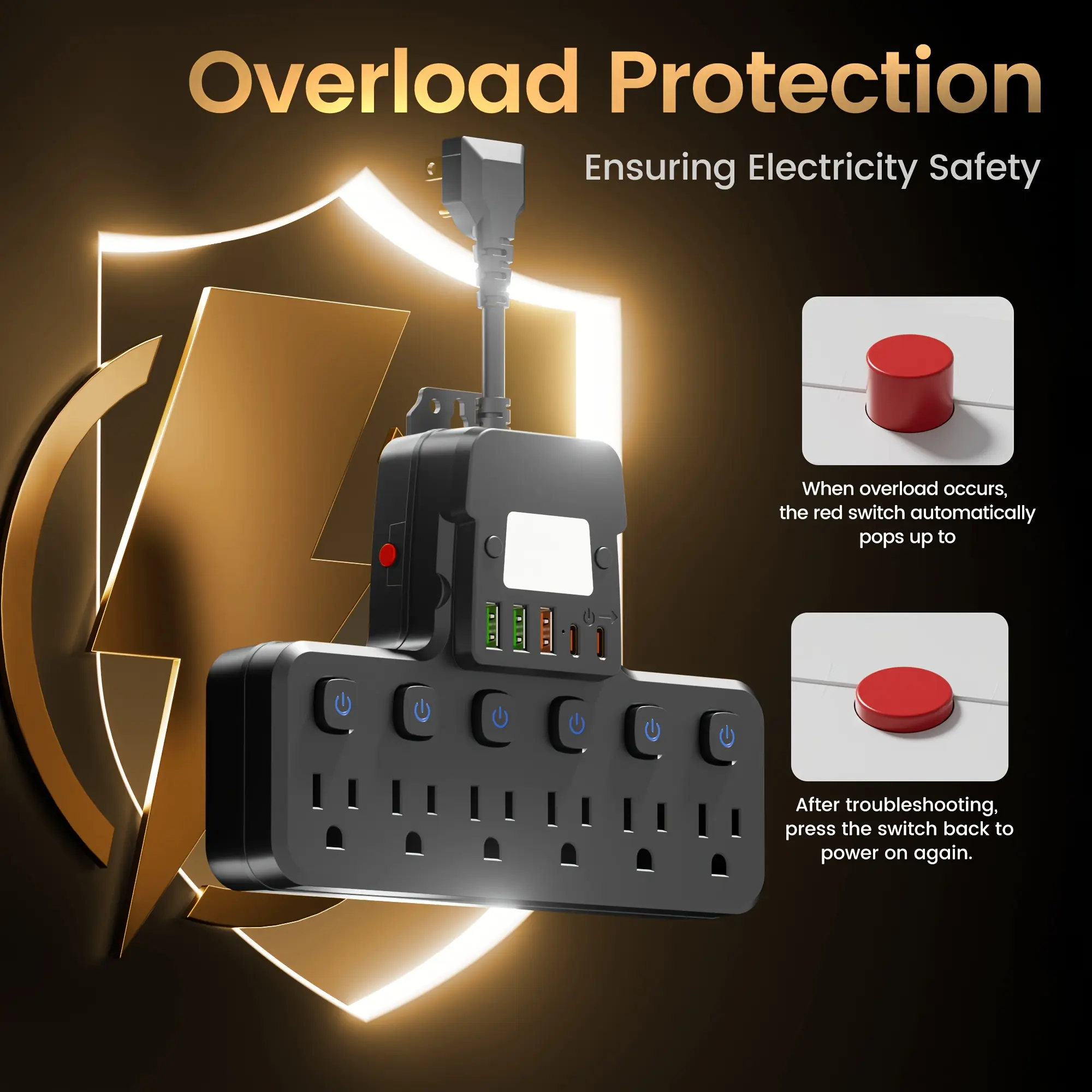 USB Multi Plug Surge Protector - 6 Outlets AC100-250V~50/60Hz 1250W Power Strip, 5 Charging Ports (2 USB-C), Night Light, Indoor Multi-Functional Wall Adapter for Home, Travel