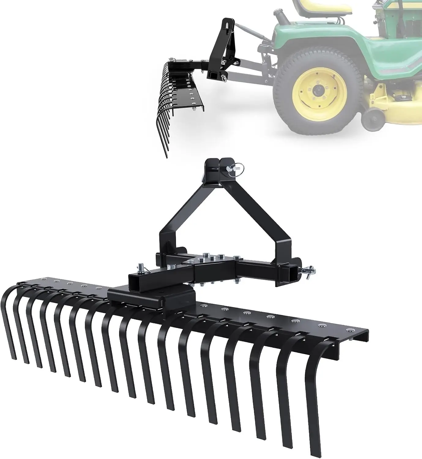 50In Landscape Rake Compatible with Category-0 Cat0 Tractor 3 Point & 5-Position Angle Adjustment for Garden, Farm, Grass Steel Powder Coated Black Durable Gardening Tools Yard Rake