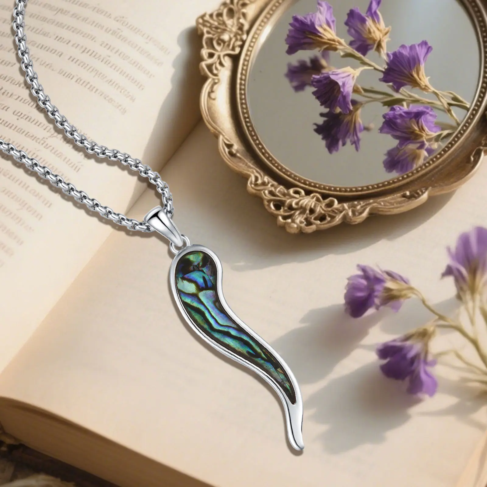 Brighthive S925 Silver Unisex Retro Style Electroplated Italian Horn Necklace - 10mm Width Abalone Shell Pendant, Elegant Daily Jewelry Gift for Adults