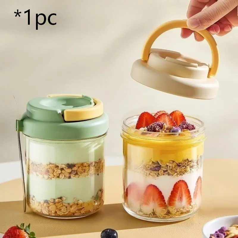 430Ml/14.57oz, oat cup glass with lid and spoon, sealed food breakfast cup, Airtight Food Storage, Airtight Reusable Containers, portable cereal milk salad yogurt cup, lid comes with stand function - can hold mobile phones