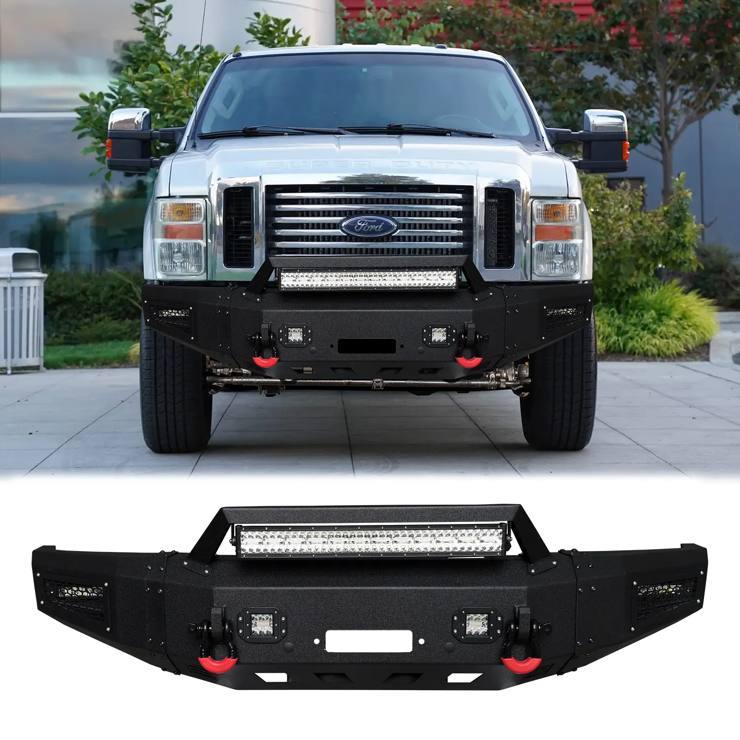 Vijay Black Texture Steel Front Bumper - Custom Fit for 2008-2010 Ford F250/F350/F450, Automotive Body Repair Part with Winch Plate, LED Lights, 2 D-Ring Mounts, Towing Capability, Performance Boost, Off-Road Use & Simple Screw Installation