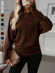 women's batwing sleeve solid color t-shirt, elastic long sleeve top, casual fashion warm base layer, perfect for daily wear & parties