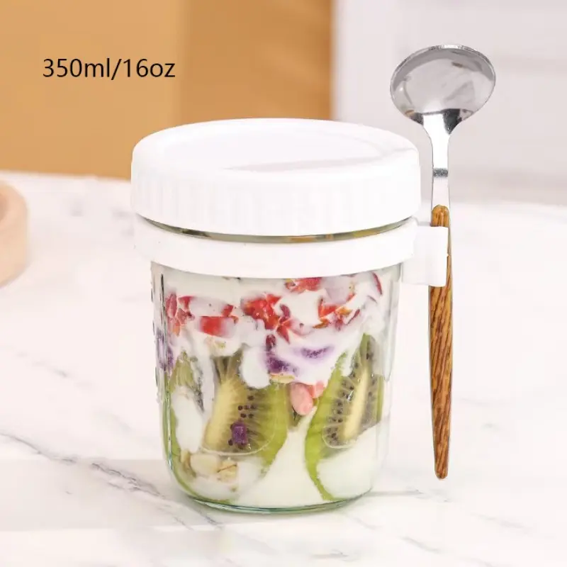 350ML/12oz Overnight Oats Jar with Spoon and Lid, Sealed Oatmeal Container with Measurement Markers, Glass Meal Prep Container, Glass Prep Containers, Glass Storage Containers