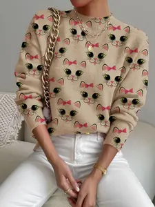 Women's Cartoon Cat Print Stand Collar Fitted Sweater, Fall Winter Casual Long Sleeve Knitwear, Comfortable Warm Daily Wear Womenswear