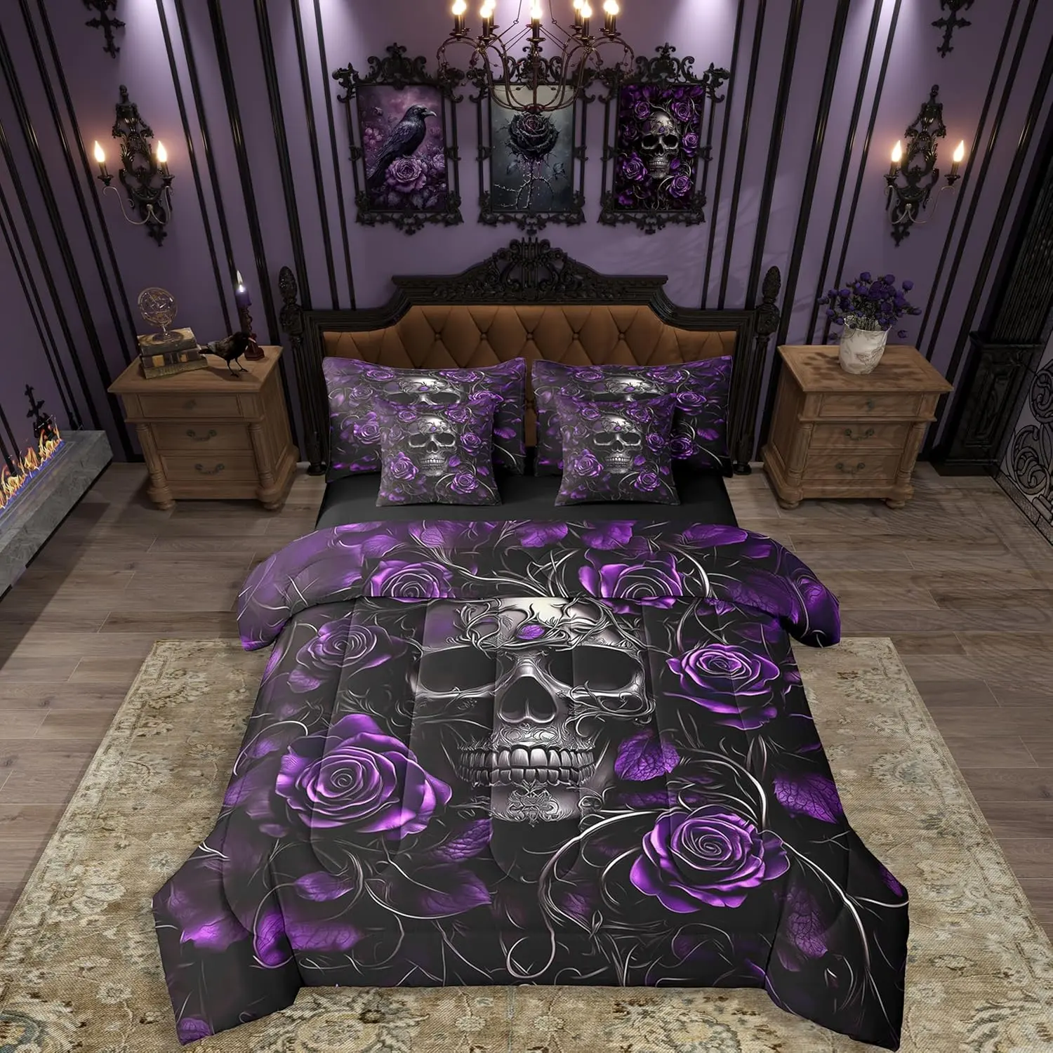Feelyou 7-Pcs Queen Size Microfiber Comforter Set - Purple Rose Floral Gothic Sugar Skull Skeleton Decorative Bedding Set, Bed-in-a-Bag with Bedroom Wall Decor Accessories for Teens, Microfiber Bedding Set