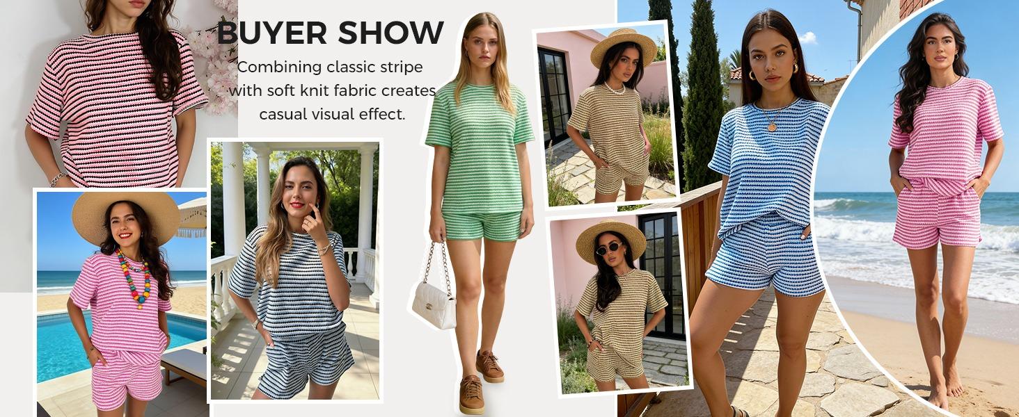 Fisoew Womens Striped 2 Piece Outfits Casual Short Sleeve Shirts Tops Knit Shorts Sets Workout Tracksuits Matching Sets
