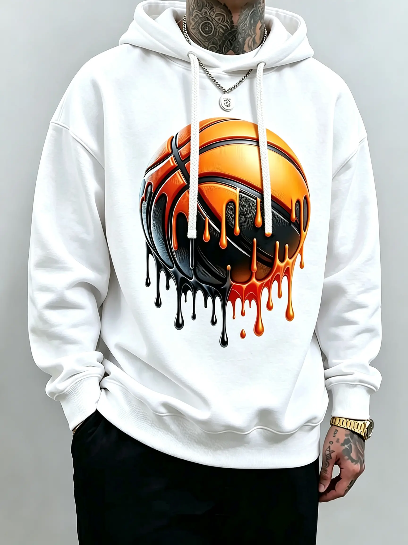 Men’s Plus-Size Long-Sleeve Menswear Hoodie & Sweatshirt - Crewneck/Hood Optional, 3D Dripping Basketball Graphic Pullover, Loose Casual Athletic Activewear Top for Sport Enthusiasts, Back-to-School Fashion, Print