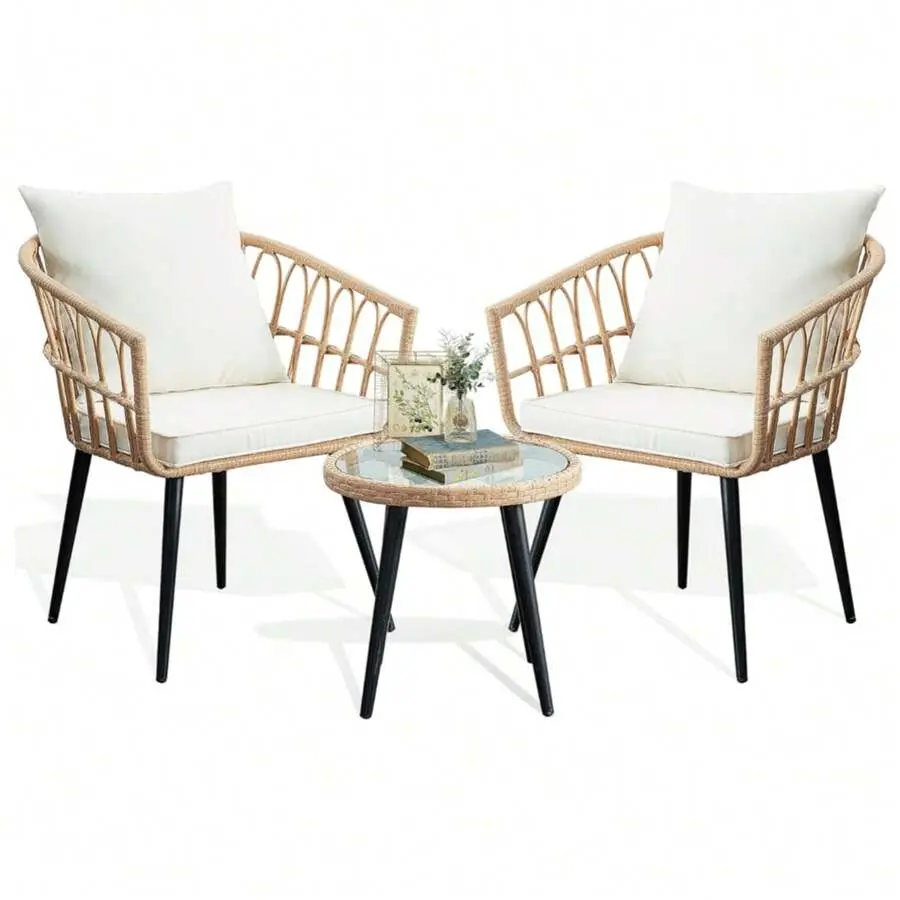 3-Piece Outdoor Rattan Furniture Set, All-Weather Vine-Edited Chat Chair Combination with Round Table, Patio Furniture Sets for Garden, Balcony, Outdoor Furniture Set