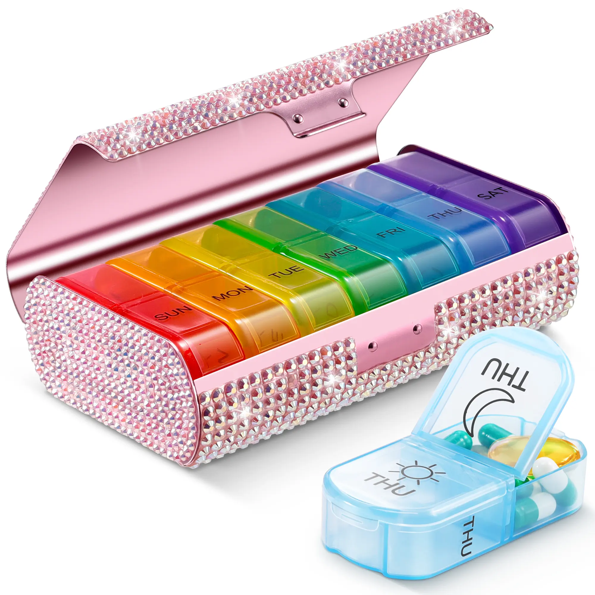 Zannaki Bling Metal XL Weekly Pill Organizer 2 Times a Day, Large Travel Daily Pill Box 7 Day, Portable Week Twice Pill Holder Container, AM PM Pill Case for Medicine Vitamin Medication Supplement