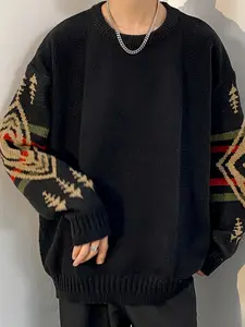 Men's Geometric Pattern Dropped Shoulder Loose Fit Fashionable Knitted Sweater Knitwear Round Neck Casual Menswear