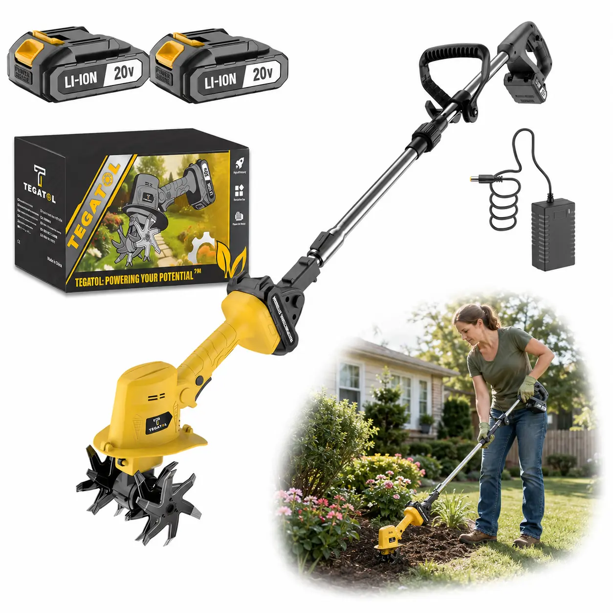 20V Cordless Mini Tiller Cultivator, 2-in-1 Electric Garden Tiller with Extension Pole, 2 or 1 × 2.0Ah Batteries and Charger, 5-Inch Tilling Width, 4-Inch Tilling Depth for Garden and Soil Cultivation