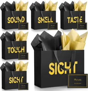 5 Senses Gift Bags for Him/Her with Labels, 5 Pcs Taste Touch Smell Sound Sight Gift Bags with Handle, Tissue Paper and Greeting Card for Valentine's Day Birthday Anniversary Holiday Party (12.6 x 8.7 x 3.9 Inch)