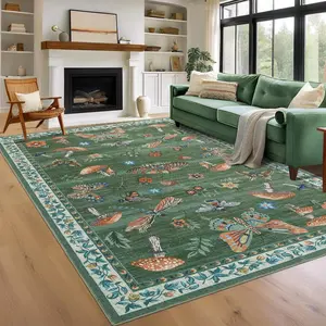 Modern Insect Print Area Rug Washable Border Carpet Mushroom Area Rug Soft Foldable Upholstery Rug with Non-slip Backing for Bedroom Dining Room Office Playroom