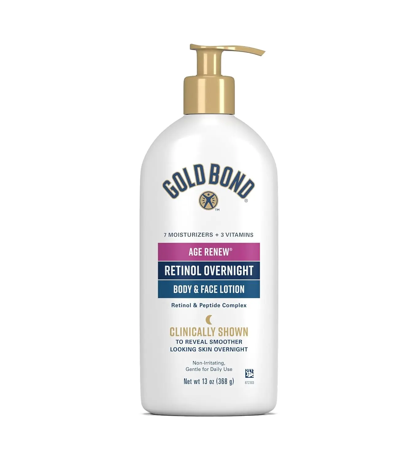 Gold Bond Age Renew Retinol Overnight Body & Face Lotion, 13 Oz, Anti-Aging Moisturizer for Visibly Plumper, Smoother Skin, 24-HR Hydration, Non-Irritating, Non-Greasy, Dermatologist-Tested, Unscented