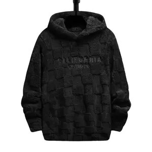 Men's Embroidered Fleece-Lined Hoodie - Drop Shoulder, Stretch Long-Sleeve, Relaxed Fit, Warm Knit Textured Casual Pullover Tops with Fuzzy Comfortable Cozy Fabric for Fall & Winter Christmas Menswear