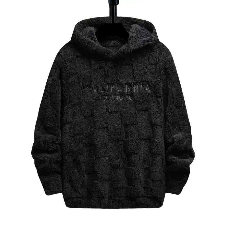 Men's California Embroidered Fleece-Lined Hoodie, Casual Relaxed Fit Drop Shoulder Pullover, Warm Long Sleeve Textured Knit Sweatshirt for Fall & Spring, Longsleeves, Tops, Fabric, Stretch, Fuzzy, Knitting, New Year