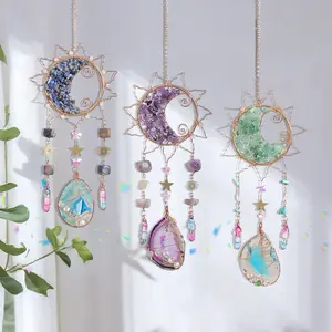 Sun Shape Sun Catcher Handmade Copper Wire Wrapped Gem Dreamcatcher Home Decor for Living Room Bedroom Garden Boy Girl Birthday Gift Mother's day Present Agate Hanging Art Wall Decoration Boho Decoration home decor items