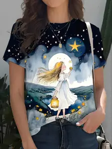 Women's Dreamy Starry Sky Girl Printed Short Sleeve T-Shirt, Sweet Casual Daily Wear Top, Fitted Thin Fabric, All Seasons