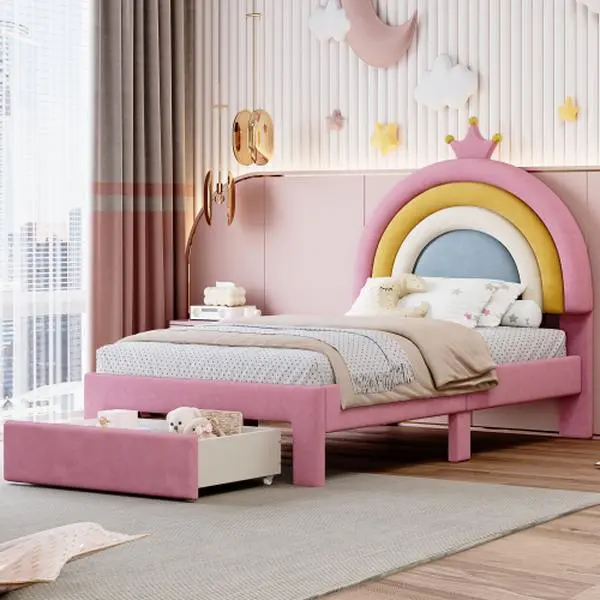 【Bellemave】Twin/ Full Size Upholstered Rainbow Design Bed, Velvet Princess Platform Bed with Storage Drawer, No Box-spring Needed,Colorful&Pink