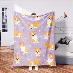 1pc of Cute Corgi Pattern Printed Flannel Blanket, Soft Casual Warm Blanket, Multifunctional Office Blanket, Outdoor Camping Travel Blanket, All-Season Multifunctional Gift Blanket