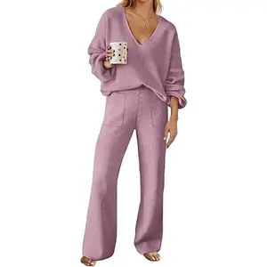 MEROKEETY Women's 2 Piece Outfits Lounge Sets Fall Winter Long Sleeve Knit Sweater Wide Leg Pant Matching Set
