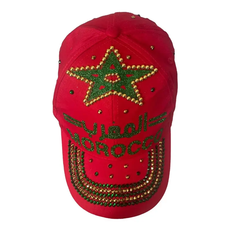 Moroccan Star Design Red Baseball Cap with Green and Gold Embellishments for Stylish Look