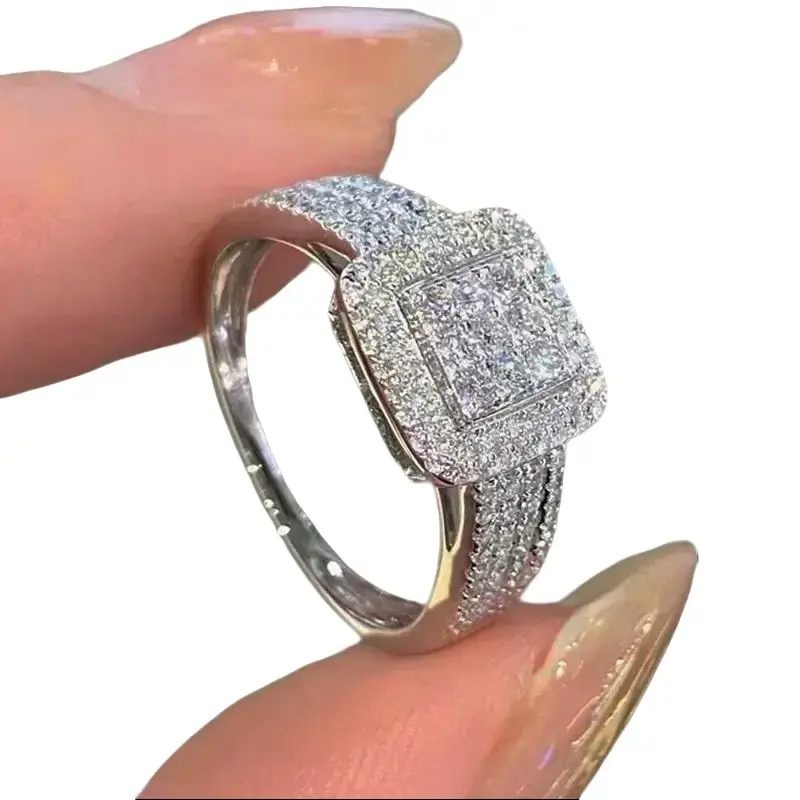 Women's 925 Sterling Silver Square Shiny Engagement Ring - Luxurious Rhinestones, Cubic Zirconia, Female Statement Casual Ring Stack Jewelry for Wedding Anniversary Gifts, Statement Ring