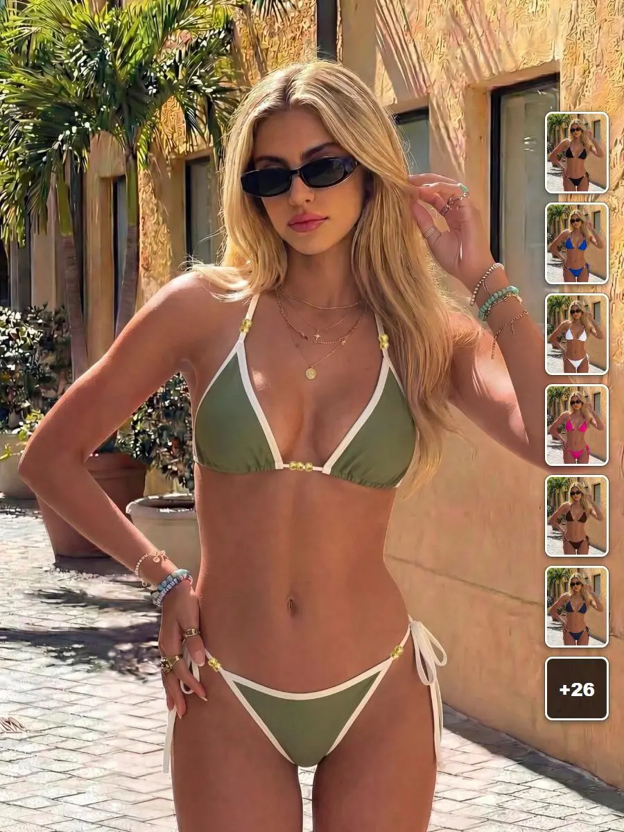 RUTMAN Two Piece Swimwear Set Black Beaded Tie Beach Vacation Summer Outfit