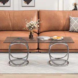 47.24x23.62x17.32 Inch Silver Glass Coffee Table, Gray Tempered Glass Top with Chrome Metal Frame, Adjustable Levelers 200 LBS Load Capacity Modern Minimalist Accent Table Easy Assembly for Living Room