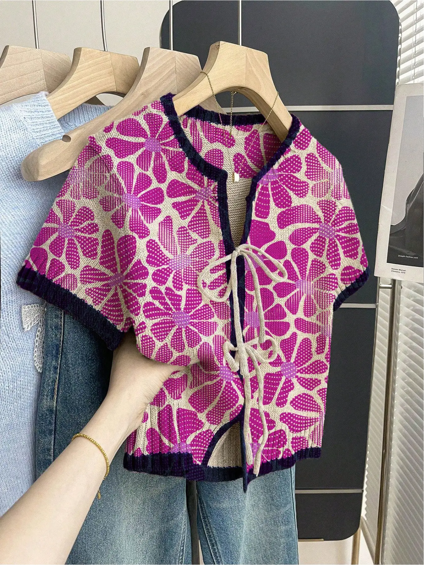 Women's khaki bohemian vacation short-sleeve knit top. Loose round neck, contrast gradient floral print, front tie and contrast piping. Comfortable for spring & summer casual wear. Womenswear Lady Boho Floral Print