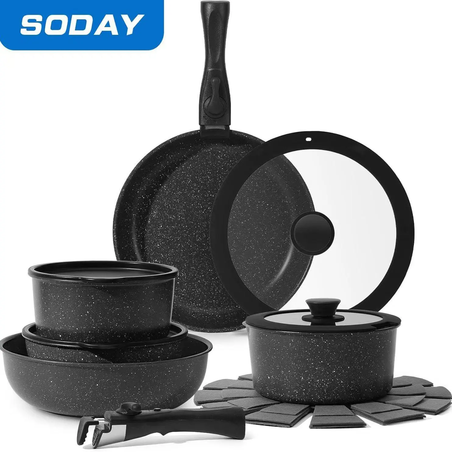 SODAY 15pcs Pots and Pans Set Non Stick, Cookware Sets with Detachable Handle, Nonstick RV Kitchen Cooking Set Removable Handles, Oven Safe,Stackable, Frying, Kitchenware,stock up on specials, DealsForYouDays,Father's Day Gift