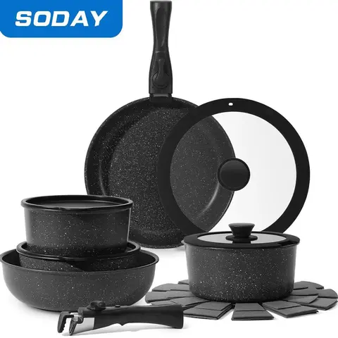 SODAY 15pcs Non Stick Cookware Set - Aluminium, Induction-Compatible, Oven-Safe, Compact with Detachable Handle, Stackable, Easy Clean, Less Water Waste, 2 Qt & 3 Qt Sauce Pans, 22lb Capacity for RV Kitchen, Thanksgiving,gift
