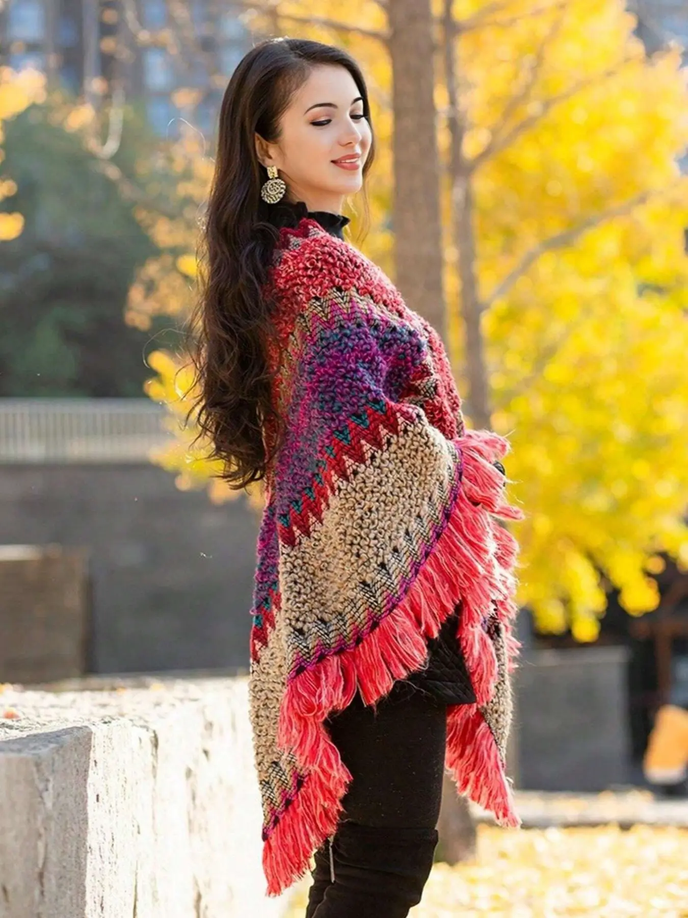 1pc Herringbone Tassel Shawl, Boho Style Shawl, Shawl Cape, Fashion Versatile Travel Poncho, Warm Scarf Wrap, Tassel Decor Shawl