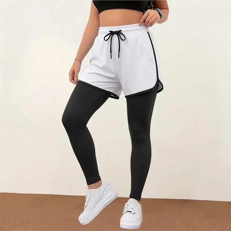 Women’s 2-in-1 faux two-piece athletic leggings with elastic drawstring waist, contrasting accents, quick-dry, anti-chafing—ideal for running, fitness, yoga, training; sports pants