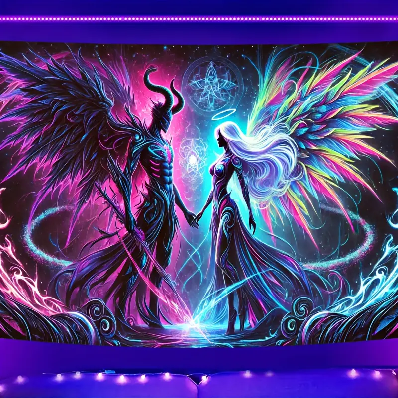 [Glow Angel Tapestry] 2D Flat, Glow-in-the-Dark Fluorescent Tapestry Suitable for UV/Blacklight Parties, Vertical Angel Prayer Wall Hanging - UV-Activated Glow Decor for Bedroom, Living Room, Office, Porch & Garden - Light Beige Fabric Fluorescent Wall Ar