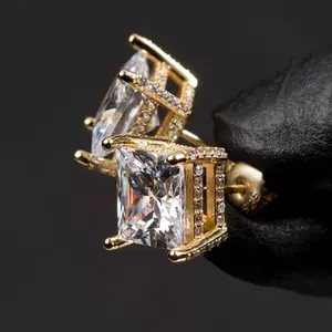 Fully Iced Men's Large Square Gold Plated 925 Sterling Silver Hip Hop Earrings