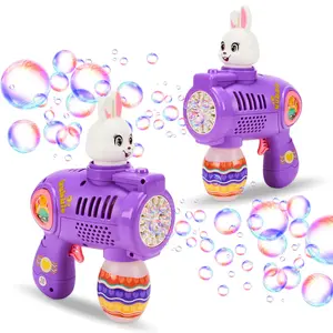 Handheld Bubble Maker - Easter Bunny Themed Toddler Gun, Outdoor Rainbow Colored Bubbles Blower, Easter Party Favor Supply