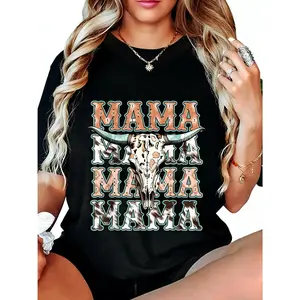 【FathersDayGift】Mama Western Retro Cow Skull Graphic T-Shirt, Soft Cotton Unisex Casual Tee for Country Rodeo Style, Vintage Cowgirl Outfit for Everyday Wear or Gift for Mom