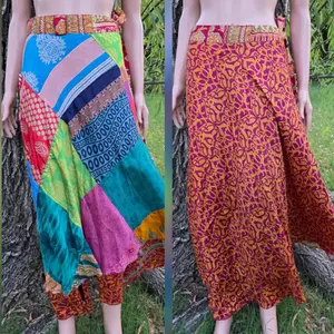 Silk Wrap Reversible (2 in 1) Light Weight Colorful Patchwork Unique Double Layered Floaty Festival Skirt