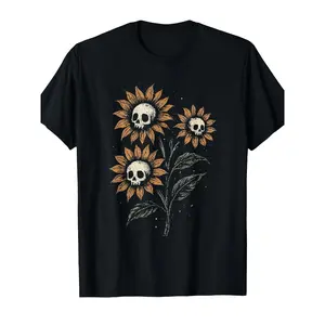 Skull Sunflowers Gothic Grunge T-Shirt - Creepy Cute Alt Y2K Street Style Tee, Comfortable Cotton Round Neck Short Sleeve, Unisex Design for Women & Men, Everyday Casual Top, Machine Washable