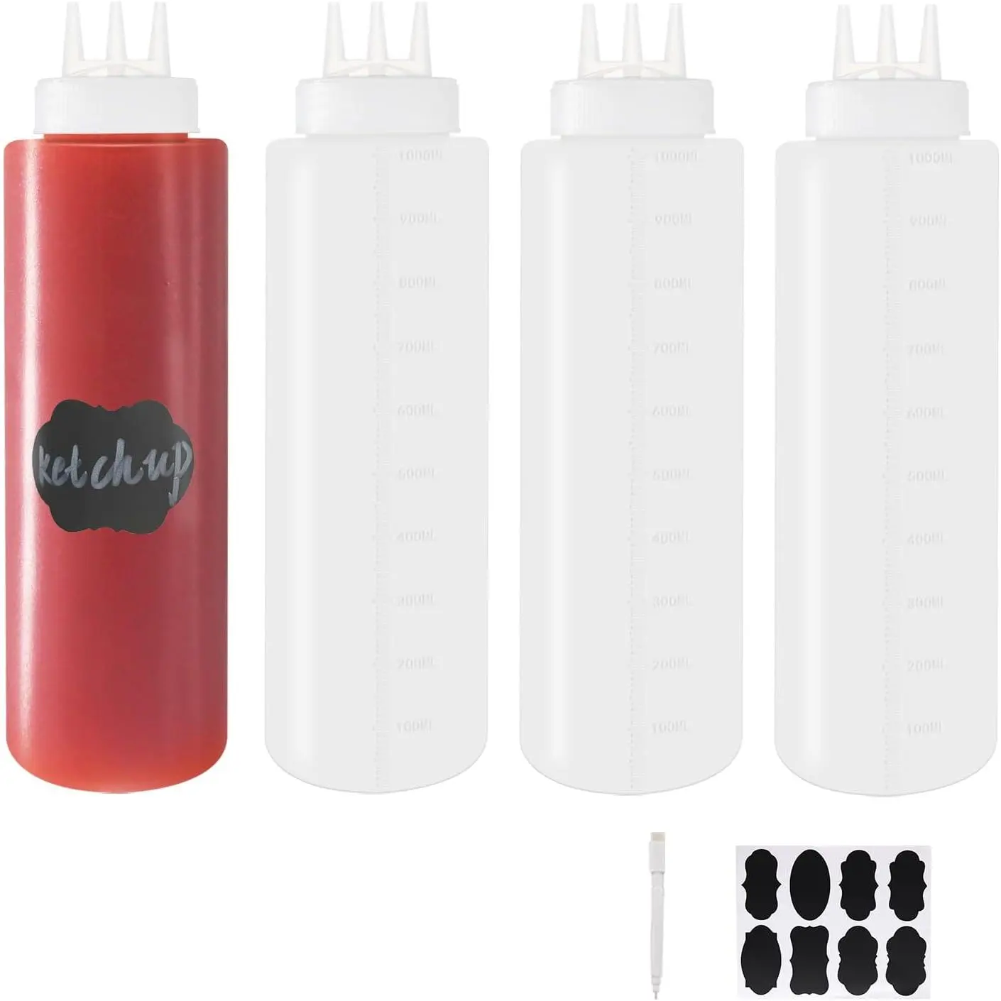 4 Pack 32oz/1000ml Plastic Squeeze Bottles 3-Hole  Condiment Bottles Tomato Sauce Dispensers for Ketchup BBQ Dressing  Workshop Pancake Art Craft with 8 Chalk Labels and 1 Pen