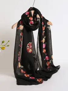 Boho Embroidered Cotton Linen Scarf, Floral Embroidered Scarf, Breathable Long Shawl, Summer Sun Protection, Versatile Travel Photo Accessory, Lightweight Multi-Use Silk Scarf, Boho Style Scarf