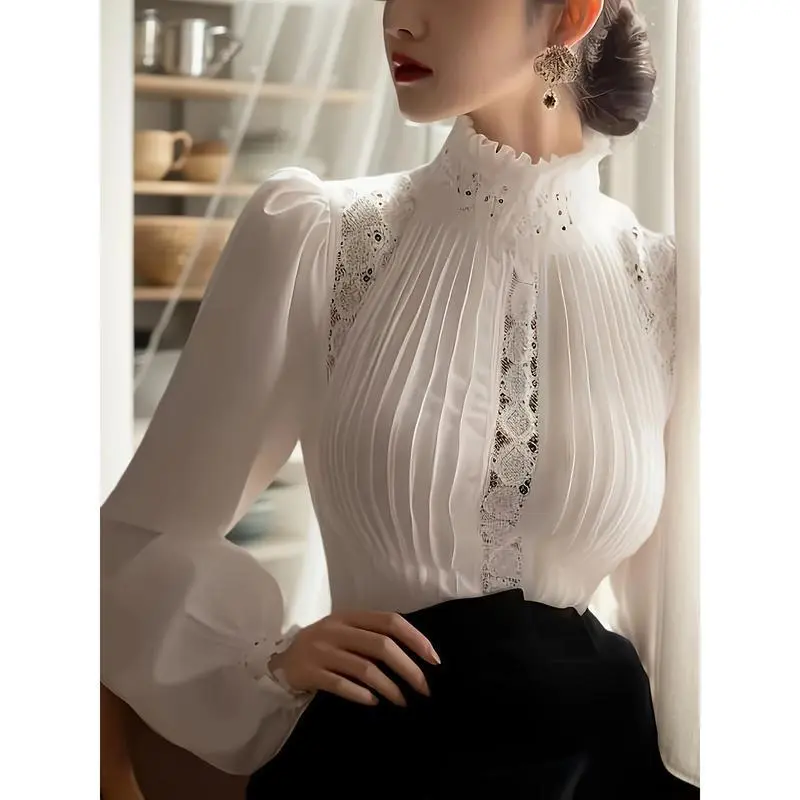 Women's Solid Knit Polyester Long-Sleeve Turtleneck Blouse - Elegant White Lace-Trimmed, Chic Pleated Bubble Sleeve Design, Ideal Surprise Gift for Girlfriend (Sports & Outdoor Casual Wear)